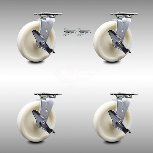 Service Caster 8 Inch Stainless Steel Nylon Caster Set with Roll Bearings 4 Brake 2 Swivel Lock SCC-SS30S820-NYR-TLB-BSL-2-TLB-2 - main